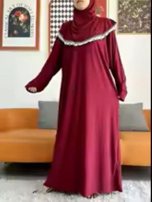 Women's Solid Cotton Hooded Abaya Dress for Ramadan Prayer - Loose Floral Robe Dubai Style